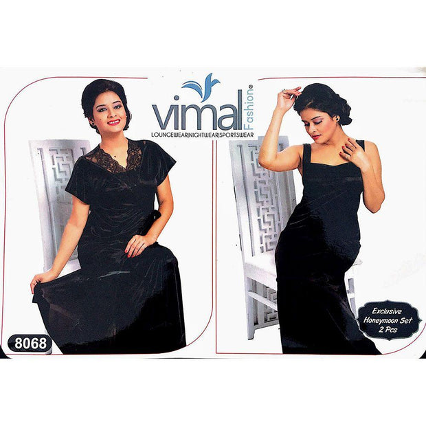 2 Pcs Nighty Set with Gown - V8068 - Satin Silk Nighty By Vimal Fashion - Nighty Sets - diKHAWA Online Shopping in Pakistan