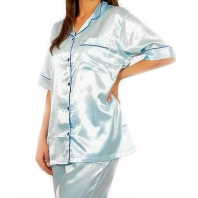 Two PCs Sky Blue Satin Nightsuit With Pipping - Ladies Nightdress - diKHAWA Online Shopping in Pakistan