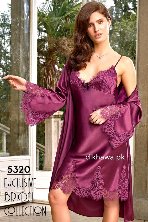 Nurteks - Exclusive Bridal Wedding Honeymoon 2Pc Short Nighty Set Maroon 5320 - Turkish Brand