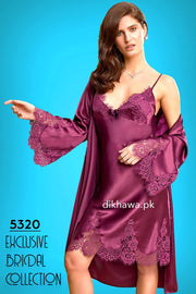 Nurteks - Exclusive Bridal Wedding Honeymoon 2Pc Short Nighty Set Maroon 5320 - Turkish Brand