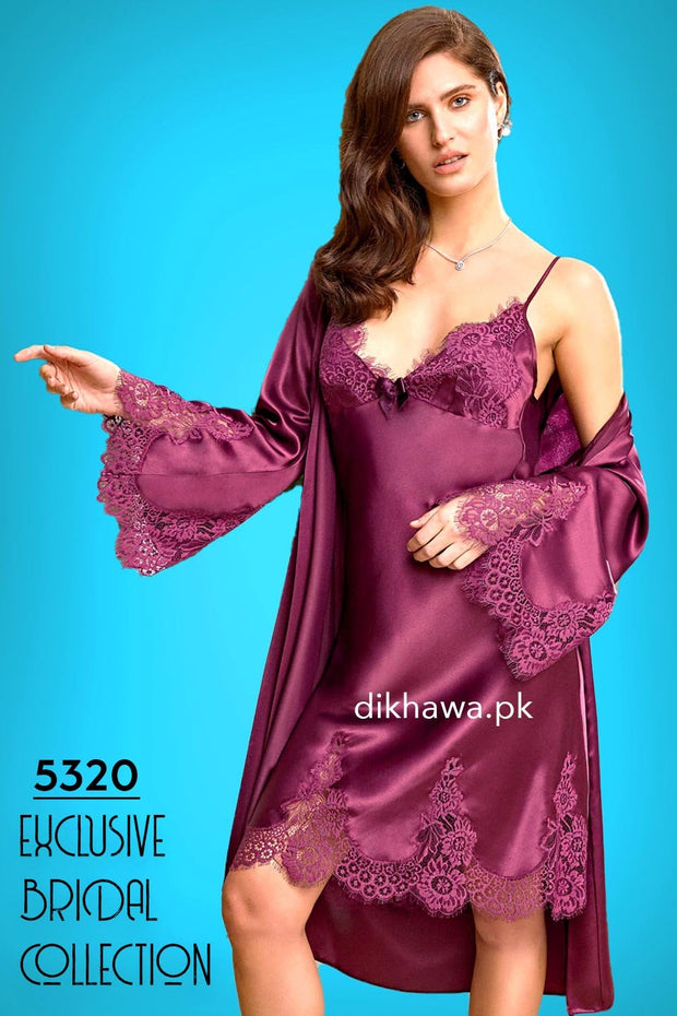 Nurteks - Exclusive Bridal Wedding Honeymoon 2Pc Short Nighty Set Maroon 5320 - Turkish Brand