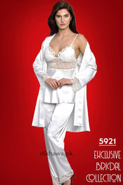 Nurteks - Exclusive Bridal Wedding Honeymoon 3Pc Nightdress & Pajama Set White 5921 - Turkish Brand