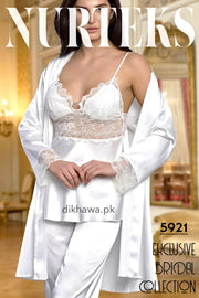 Nurteks - Exclusive Bridal Wedding Honeymoon 3Pc Nightdress & Pajama Set White 5921 - Turkish Brand