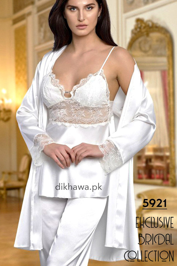 Nurteks - Exclusive Bridal Wedding Honeymoon 3Pc Nightdress & Pajama Set White 5921 - Turkish Brand