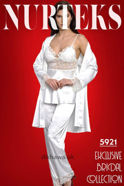 Nurteks - Exclusive Bridal Wedding Honeymoon 3Pc Nightdress & Pajama Set White 5921 - Turkish Brand