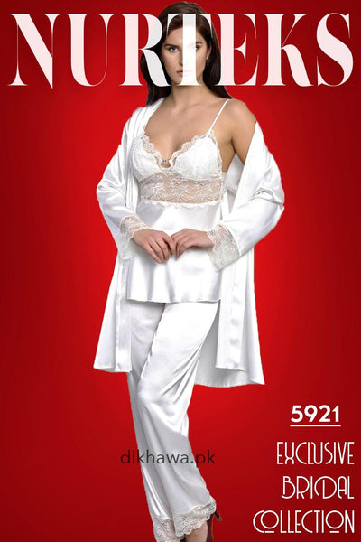 Nurteks - Exclusive Bridal Wedding Honeymoon 3Pc Nightdress & Pajama Set White 5921 - Turkish Brand