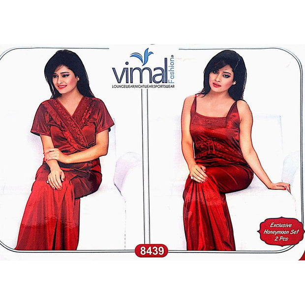 2 Pcs Maroon Nighty Set with Gown - V8439 - Satin Silk Nighty By Vimal Fashion - Nighty Sets - diKHAWA Online Shopping in Pakistan