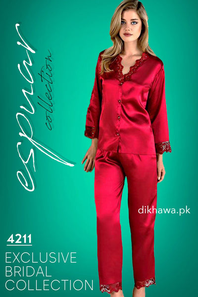 Espuar - Exclusive Bridal Wedding Honeymoon 2Pc Nightdress & Pajama Set Maroon 4211 - Turkish Brand