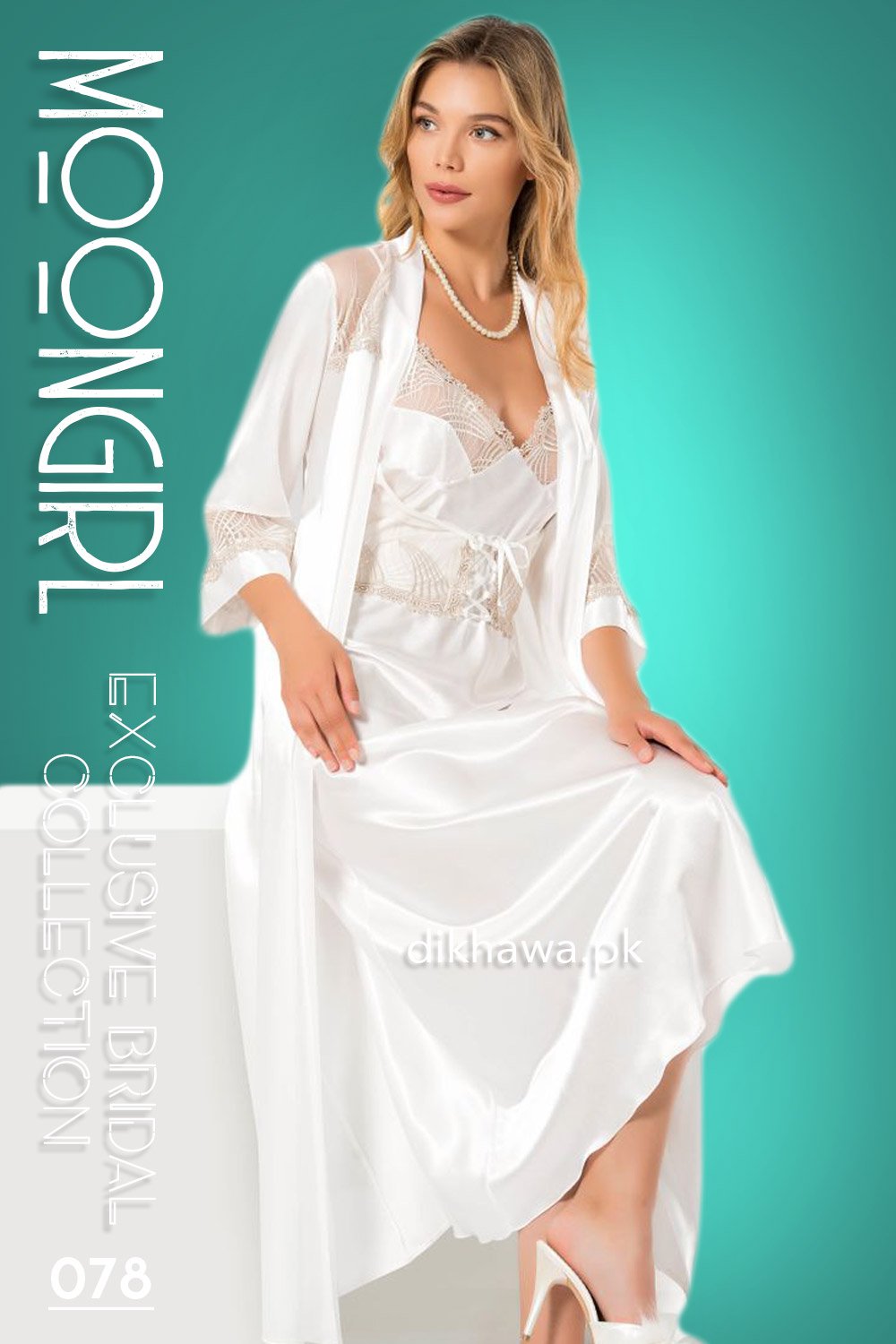 Moongirl Exclusive Bridal 2Pc Long Nighty Set with Robe Wedding Nightwear 078 Turkish Brand Small White