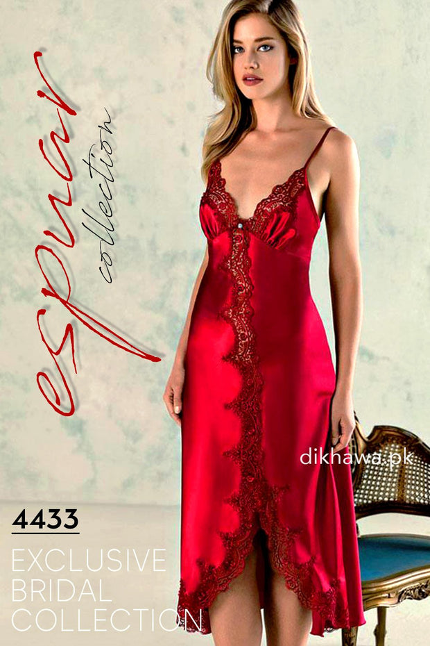 Espuar - Exclusive Bridal Wedding Honeymoon 2Pc Long Nighty Set with Robe Maroon 4433 - Turkish Brand
