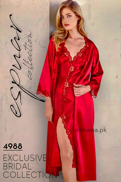 Espuar - Exclusive Bridal Wedding Honeymoon 2Pc Long Nighty Set with Robe Maroon 4988 - Turkish Brand