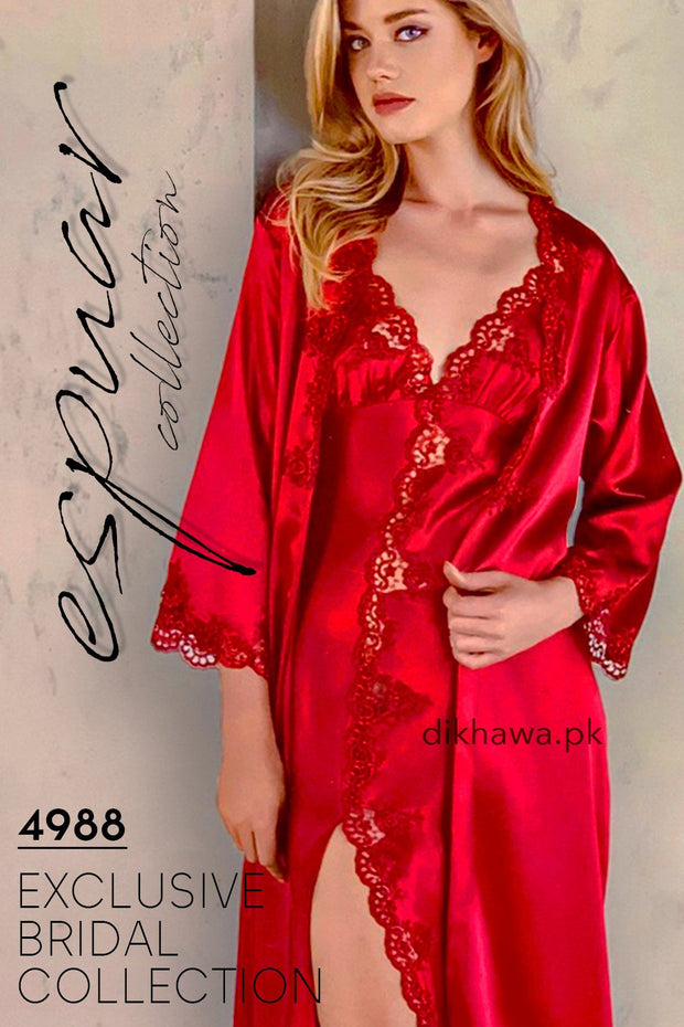 Espuar - Exclusive Bridal Wedding Honeymoon 2Pc Long Nighty Set with Robe Maroon 4988 - Turkish Brand