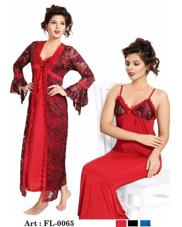 Bridal Red Nighty - FL-0065 - Flourish 2 Piece Nightwear