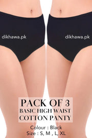 Basic High Waist Cotton Panty Pack of 3 - FL-512 - Black