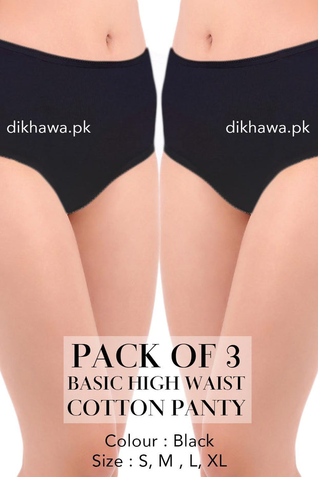 Basic High Waist Cotton Panty Pack of 3 - FL-512 - Black