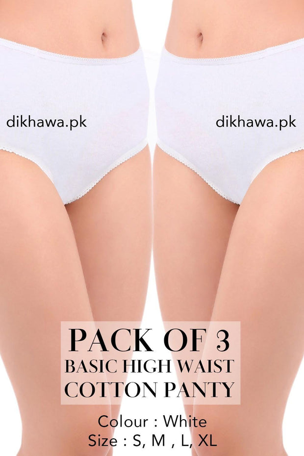 Basic High Waist Cotton Panty Pack of 3 - FL-512 - White