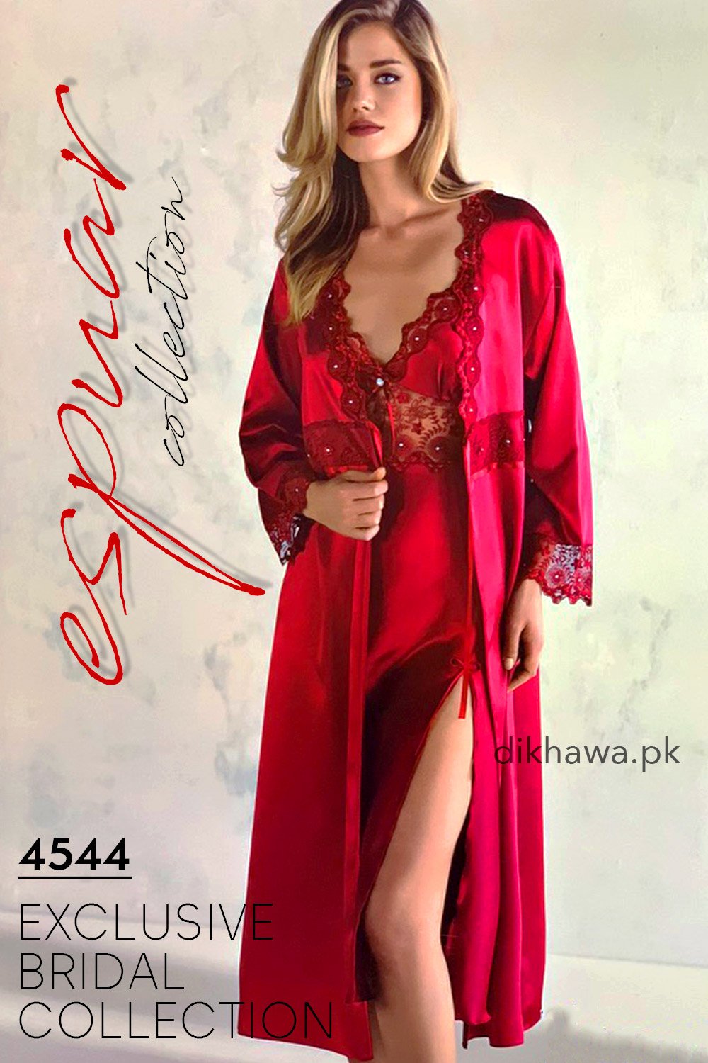 Espuar Exclusive Bridal Wedding Honeymoon 2Pc Long Nighty Set with Robe Maroon 4544 Turkish Brand Online Shopping in Pakistan Online Shopping in Pakistan NIGHTYnight