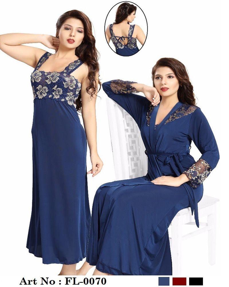 Wedding Nighty FL-0070 Neavy Blue Flourish Piece Nightwear Medium  Navy Blue