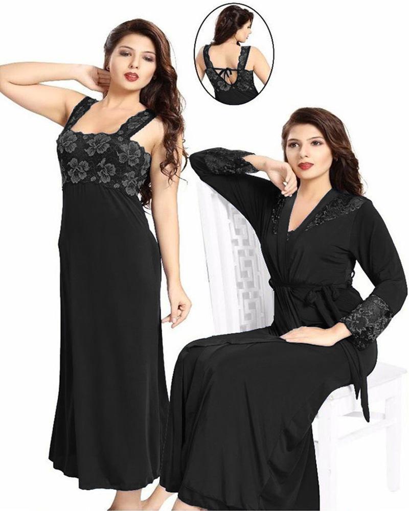 Wedding Nighty FL 0070 Black Flourish 2 Piece Nightwear