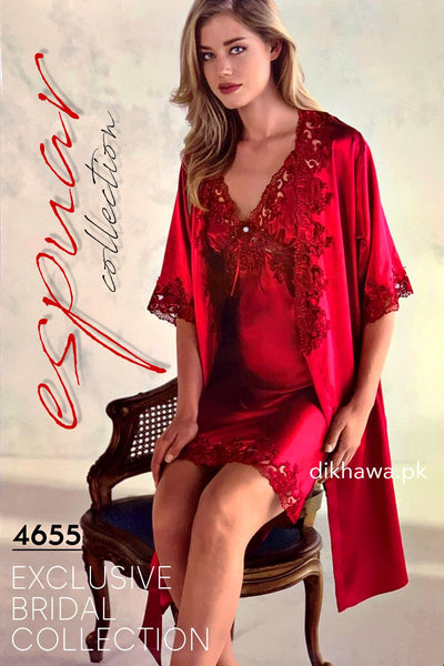 Espuar - Exclusive Bridal Wedding Honeymoon 2Pc Short Nighty Set Maroon 4655 - Turkish Brand
