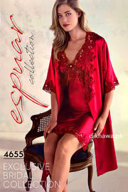 Espuar - Exclusive Bridal Wedding Honeymoon 2Pc Short Nighty Set Maroon 4655 - Turkish Brand