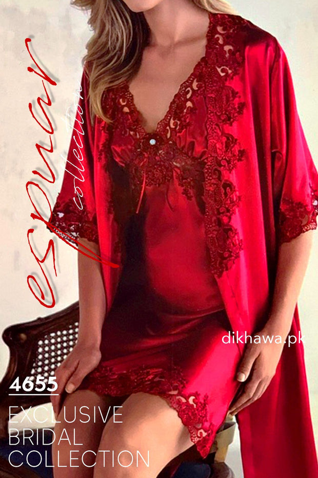 Espuar - Exclusive Bridal Wedding Honeymoon 2Pc Short Nighty Set Maroon 4655 - Turkish Brand