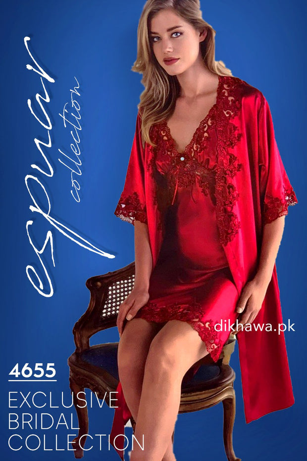 Espuar - Exclusive Bridal Wedding Honeymoon 2Pc Short Nighty Set Maroon 4655 - Turkish Brand