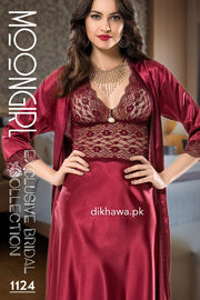 Moongirl - Exclusive Bridal Wedding Nightwear 2Pc Long Nighty Set with Robe 1124 - Turkish Brand