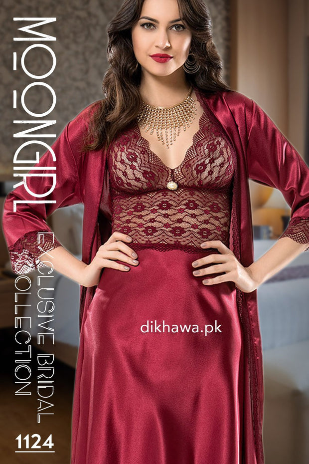 Moongirl - Exclusive Bridal Wedding Nightwear 2Pc Long Nighty Set with Robe 1124 - Turkish Brand