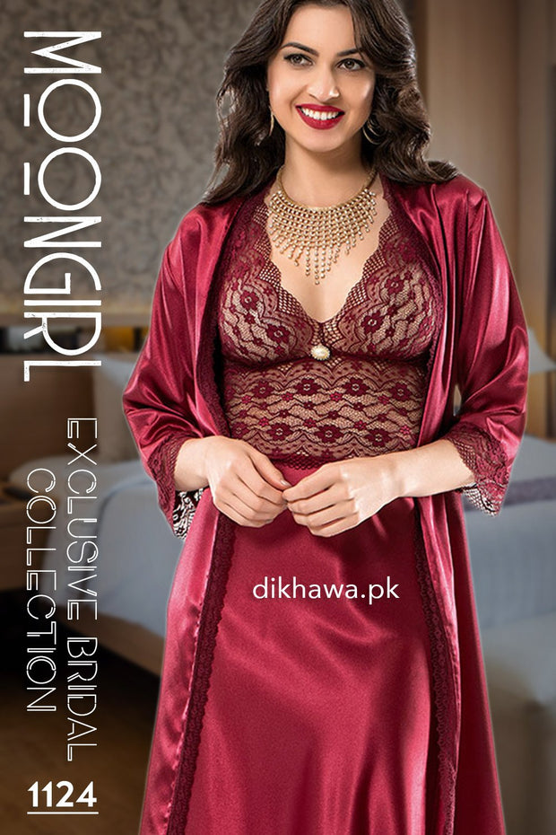 Moongirl - Exclusive Bridal Wedding Nightwear 2Pc Long Nighty Set with Robe 1124 - Turkish Brand
