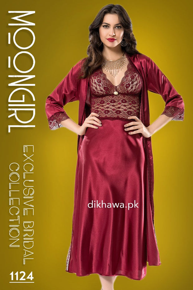 Moongirl - Exclusive Bridal Wedding Nightwear 2Pc Long Nighty Set with Robe 1124 - Turkish Brand
