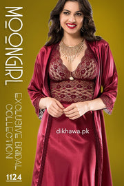 Moongirl - Exclusive Bridal Wedding Nightwear 2Pc Long Nighty Set with Robe 1124 - Turkish Brand