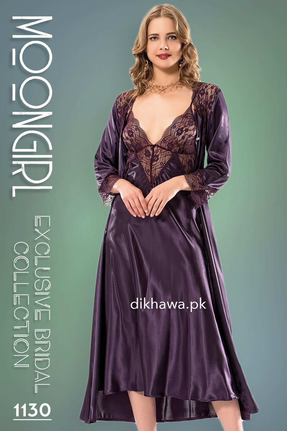 Moongirl Exclusive Bridal Wedding Nightwear 2Pc Long Nighty Set with Robe  1130 Turkish Brand Small Purple