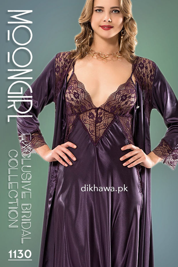 Moongirl - Exclusive Bridal Wedding Nightwear 2Pc Long Nighty Set with Robe 1130 - Turkish Brand