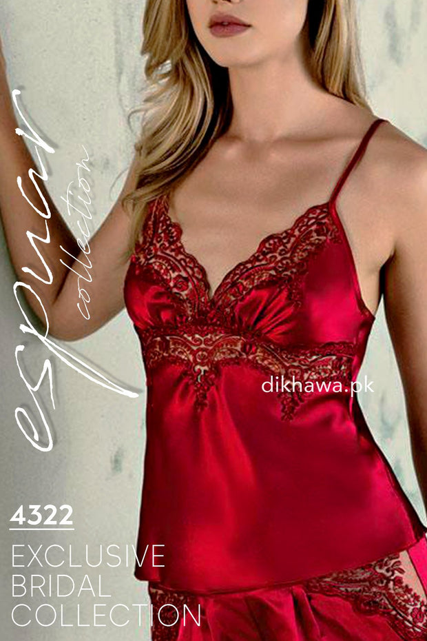 Espuar - Exclusive Bridal Wedding Honeymoon 2Pc Short Nighty Cami Set Maroon 4322 - Turkish Brand