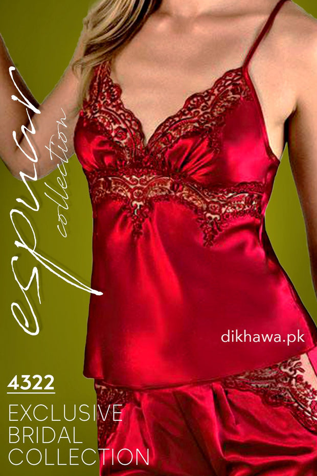 Espuar - Exclusive Bridal Wedding Honeymoon 2Pc Short Nighty Cami Set Maroon 4322 - Turkish Brand