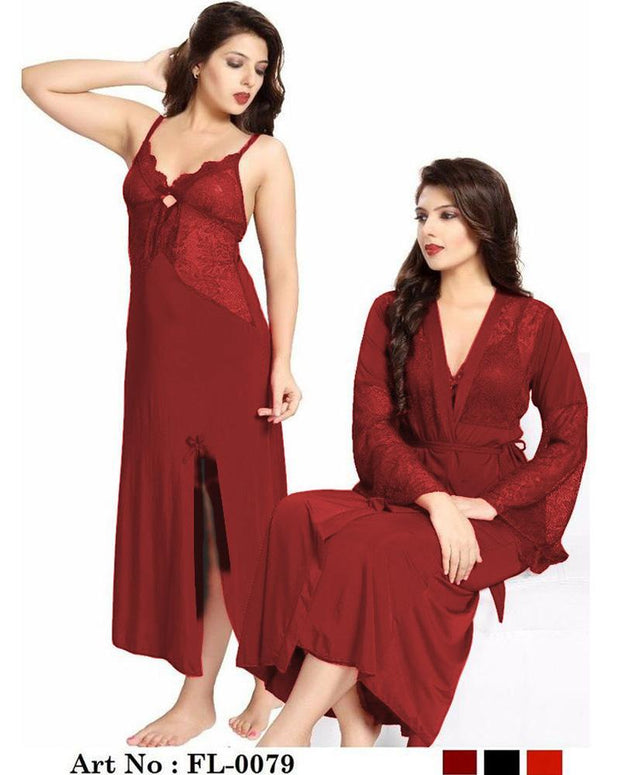 Honeymoon Nighty - FL-0079 Maroon - Flourish 2 Piece Nightwear