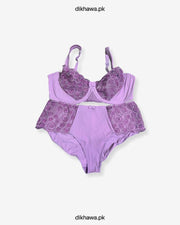 Sexy Bridal Net Lingerie Bra Panty Set - Rose Bra Panty Set - Purple- 2021
