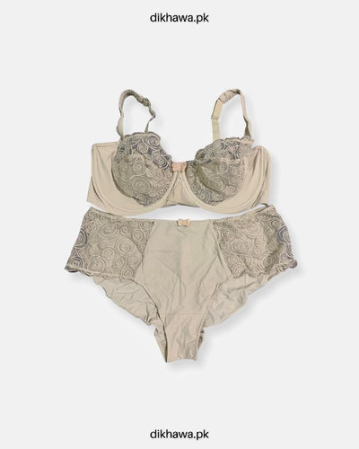 Sexy Bridal Net Lingerie Bra Panty Set - Rose Bra Panty Set - Grey- 2021