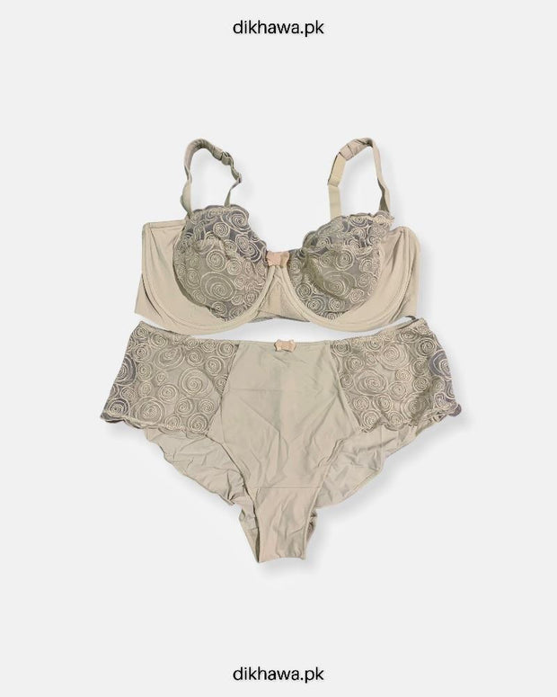 Sexy Bridal Net Lingerie Bra Panty Set - Rose Bra Panty Set - Grey- 2021