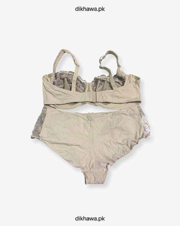 Sexy Bridal Net Lingerie Bra Panty Set - Rose Bra Panty Set - Grey- 2021