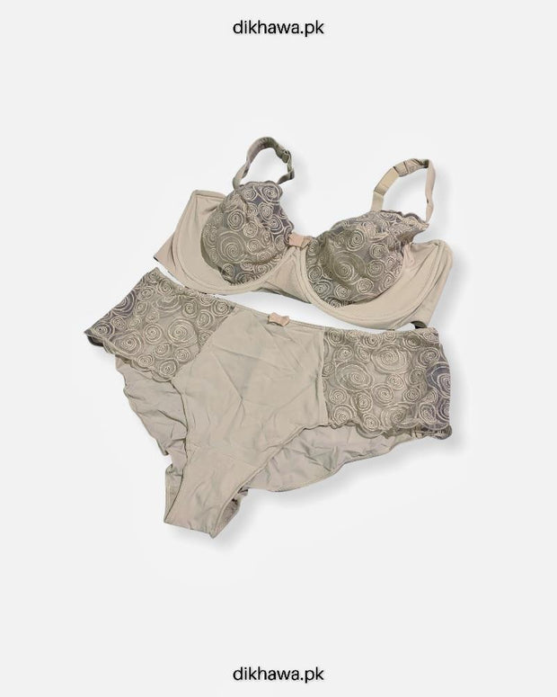 Sexy Bridal Net Lingerie Bra Panty Set - Rose Bra Panty Set - Grey- 2021