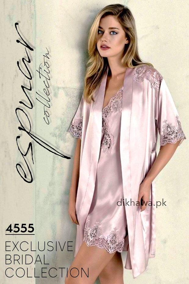 Espuar - Exclusive Bridal Wedding Honeymoon 2Pc Short Nighty Set Rose Pink 240-4555 - Turkish Brand