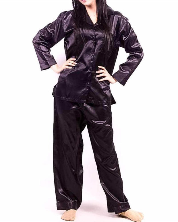 Black Polyester Solid Satin PJ Set - Ladies Nightdress - diKHAWA Online Shopping in Pakistan