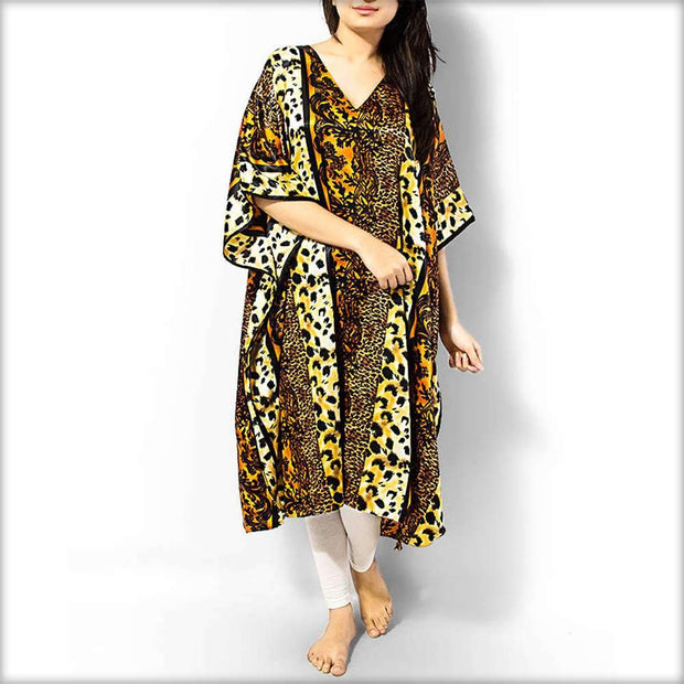 Brown Printed V-Neck Kaftan - Kaftan - diKHAWA Online Shopping in Pakistan