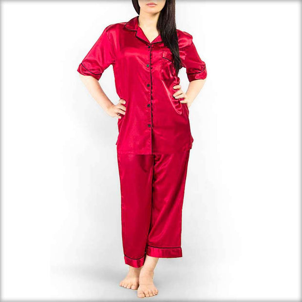 Hot Pink Polyester Satin Nightsuit - Ladies Nightdress - diKHAWA Online Shopping in Pakistan