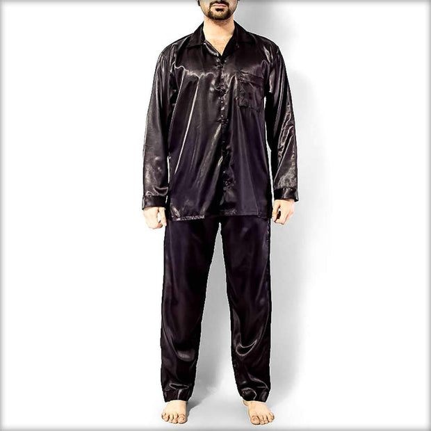 Polyester Solid Satin Men's PJ Set PJ51-BK - Mens Nightdress - diKHAWA Online Shopping in Pakistan