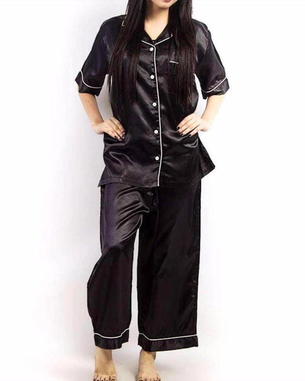 Black Polyester Satin Nightsuit - Ladies Nightdress - diKHAWA Online Shopping in Pakistan