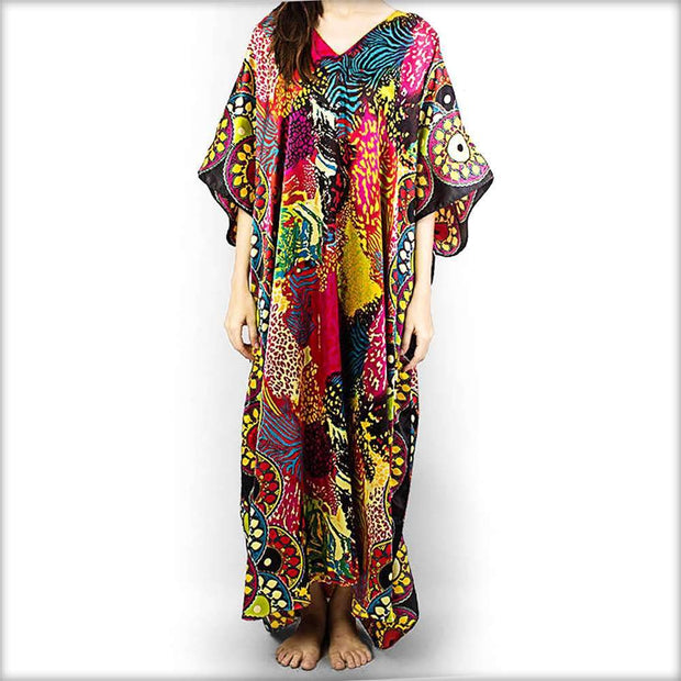 Colourful Printed Satin V-Neck Kaftan - Kaftan - diKHAWA Online Shopping in Pakistan