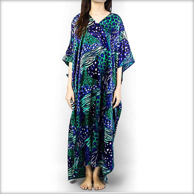 Green & Blue Printed Satin V-Neck Kaftan - Kaftan - diKHAWA Online Shopping in Pakistan